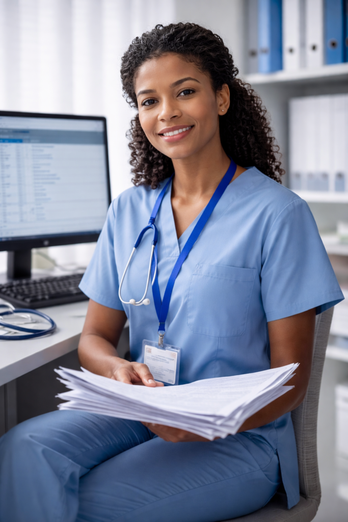 Confident medical coder at work